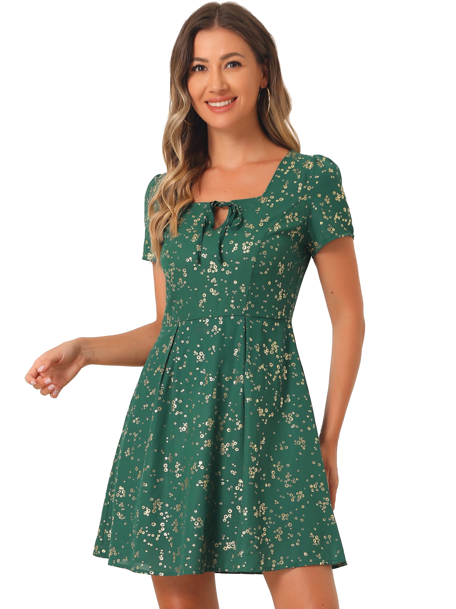 DARING DIVA Square Neck Short Sleeve Print A-Line Dress M Dark Green-Floral