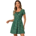 thumbnail image 1 of DARING DIVA Square Neck Short Sleeve Print A-Line Dress M Dark Green-Floral, 1 of 6