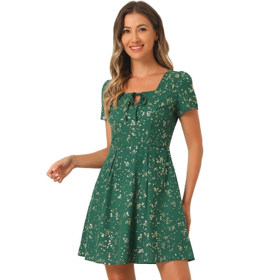 DARING DIVA Square Neck Short Sleeve Print A-Line Dress M Dark Green-Floral