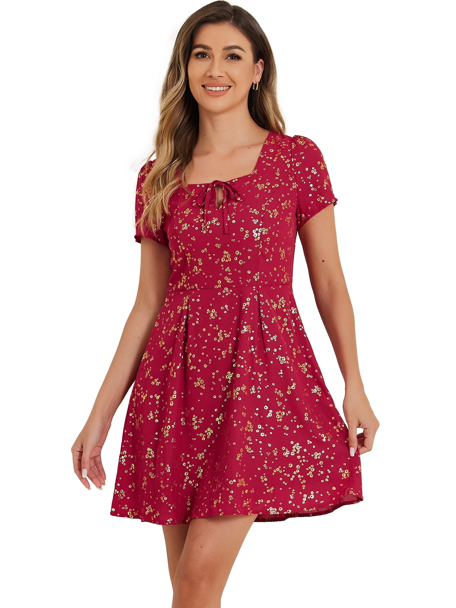 DARING DIVA Square Neck Short Sleeve Print A-Line Dress M Red-Floral