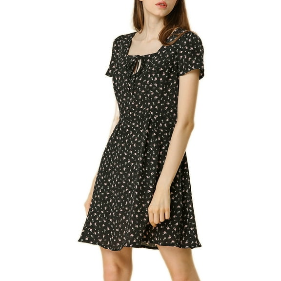 DARING DIVA Square Neck Short Sleeve Print A-Line Dress S Black-Floral