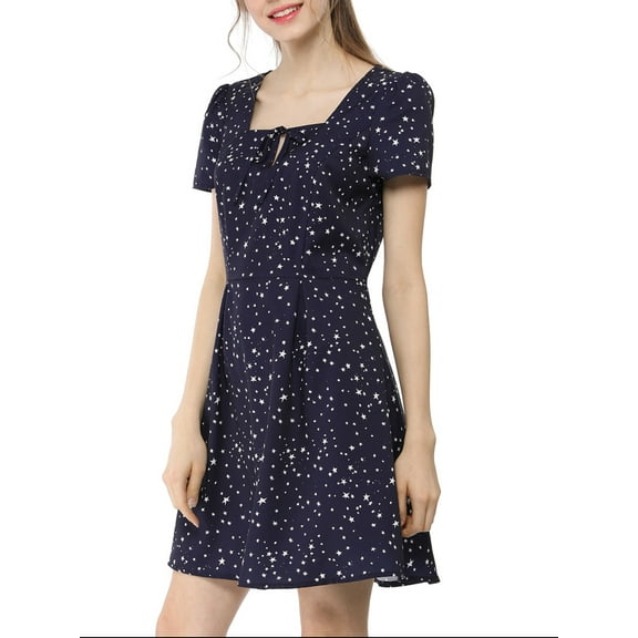 DARING DIVA Square Neck Short Sleeve Print A-Line Dress S Blue-Stars