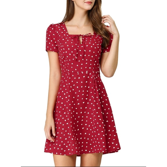 DARING DIVA Square Neck Short Sleeve Print A-Line Dress S Red-Heart