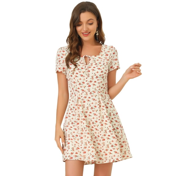 DARING DIVA Square Neck Short Sleeve Print A-Line Dress S White-Floral