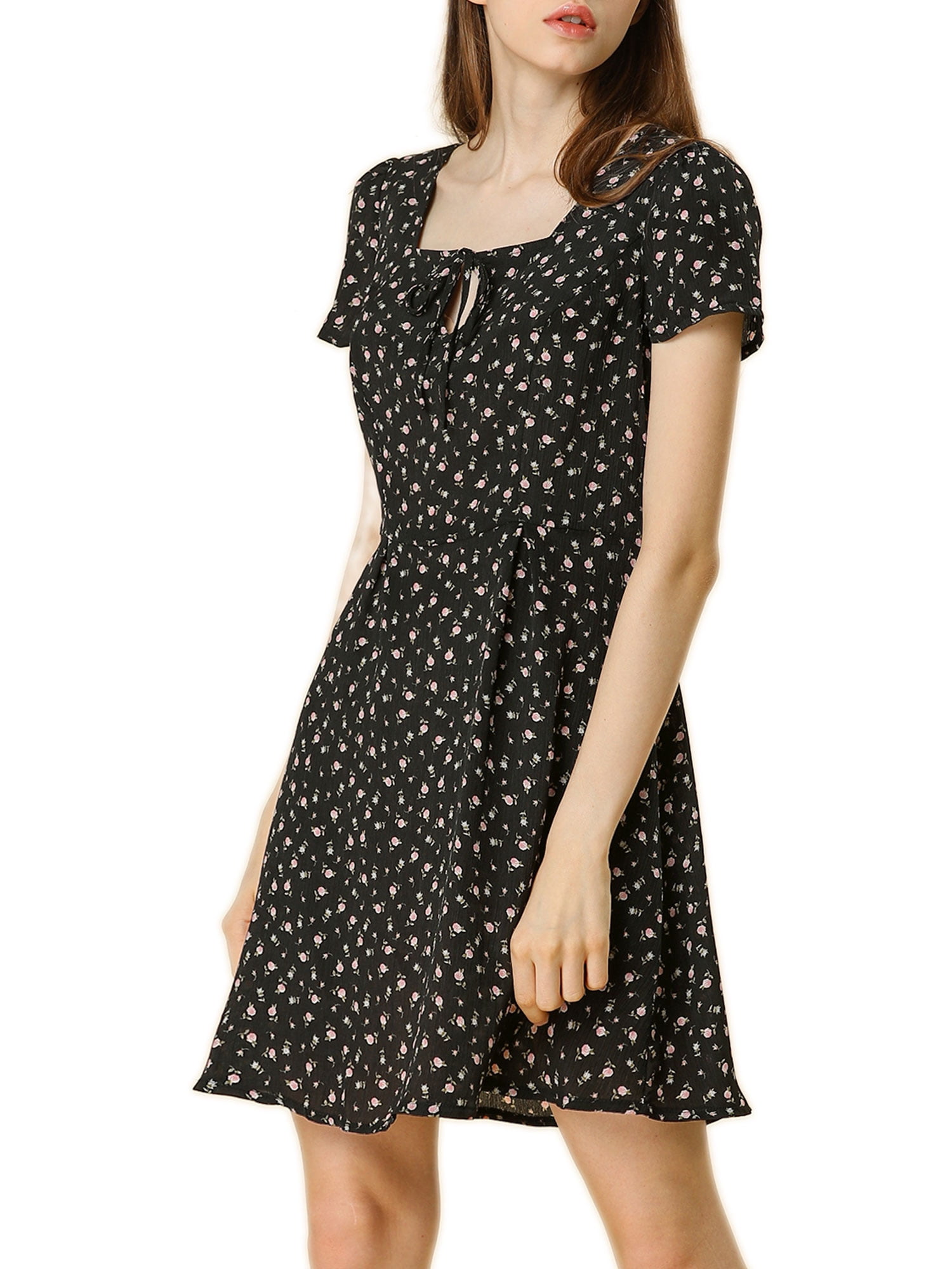 DARING DIVA Square Neck Short Sleeve Print A-Line Dress XL Black-Floral