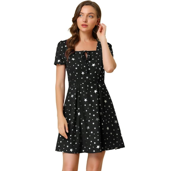 DARING DIVA Square Neck Short Sleeve Print A-Line Dress XL Black-Stars