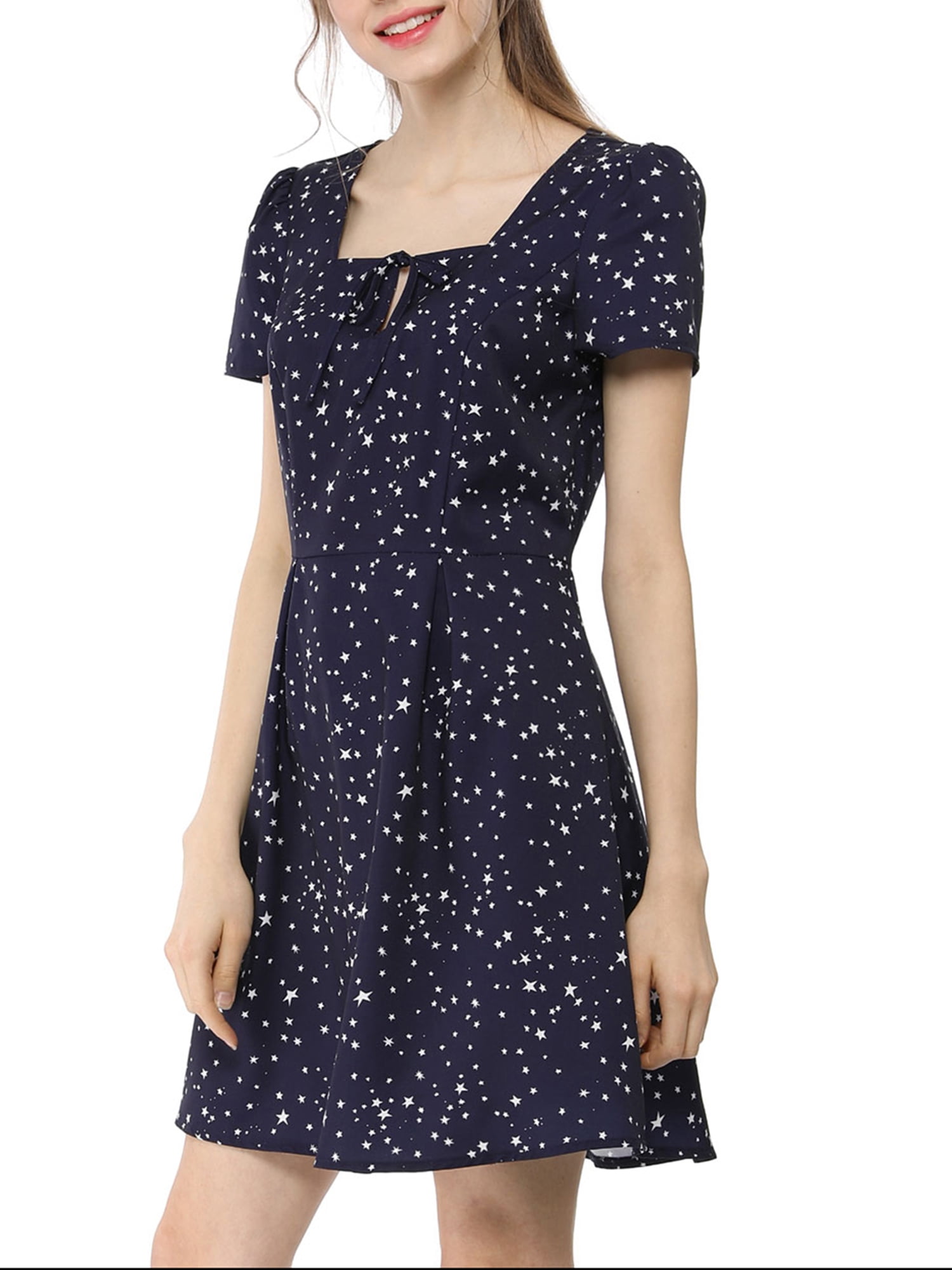 DARING DIVA Square Neck Short Sleeve Print A-Line Dress XL Blue-Stars