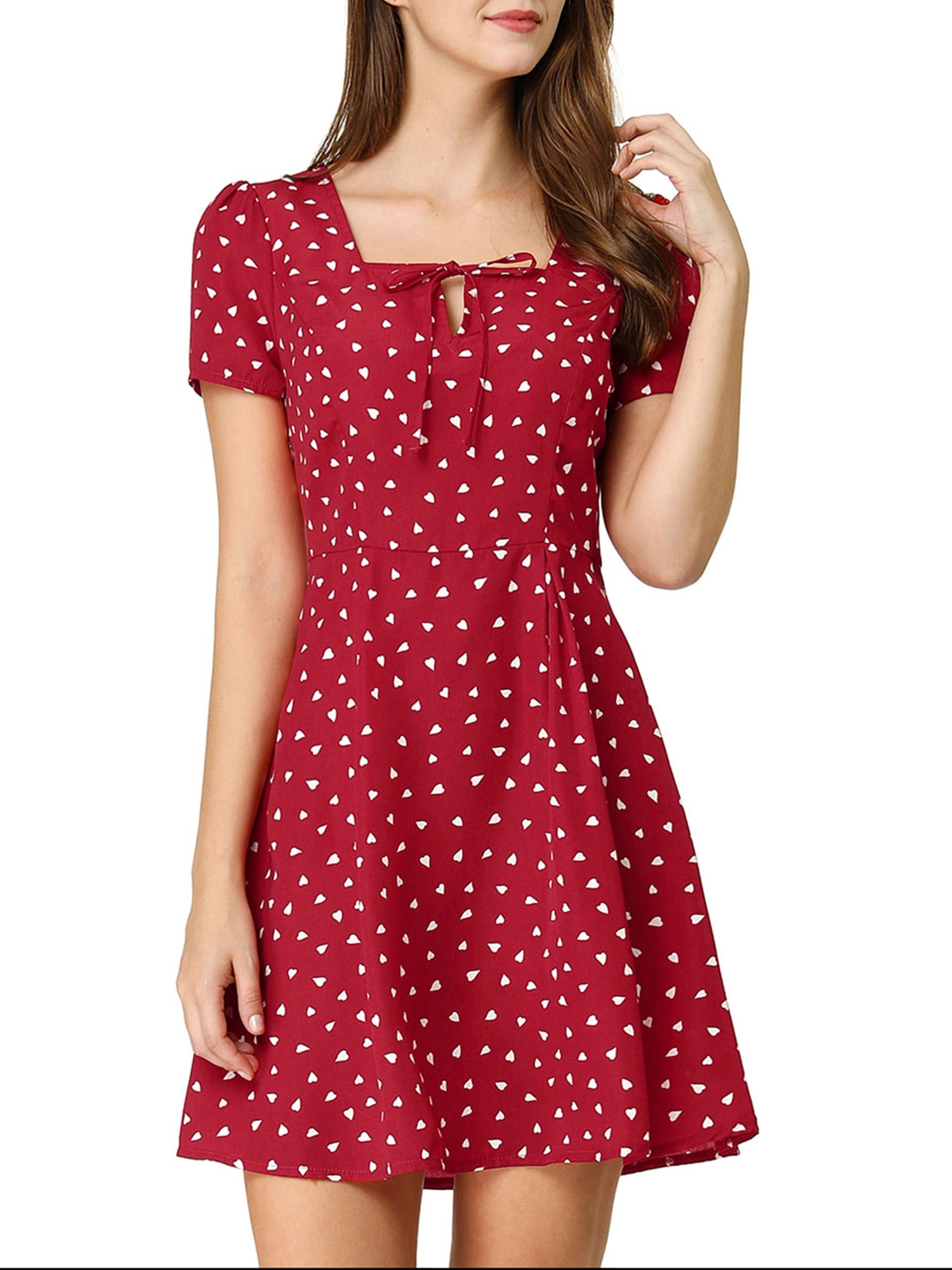DARING DIVA Square Neck Short Sleeve Print A-Line Dress XL Red-Heart