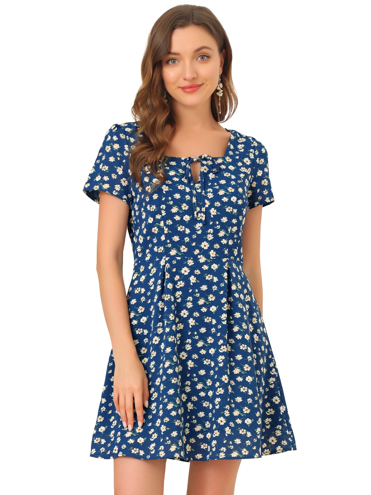 DARING DIVA Square Neck Short Sleeve Print A-Line Dress XS Blue-Floral