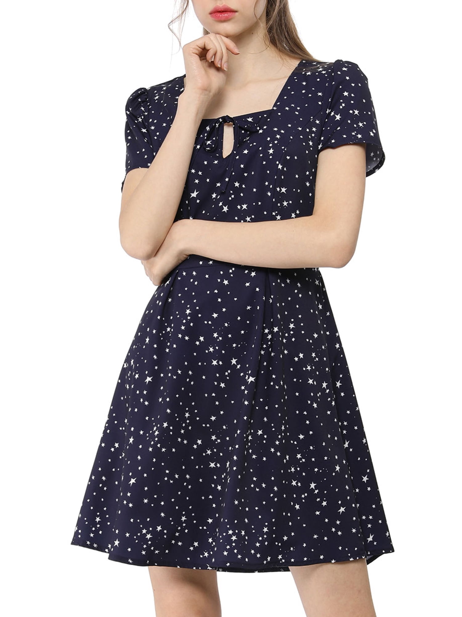DARING DIVA Square Neck Short Sleeve Print A-Line Dress XS Blue-Stars