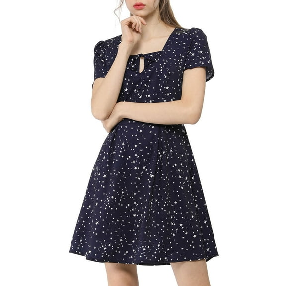 DARING DIVA Square Neck Short Sleeve Print A-Line Dress XS Blue-Stars