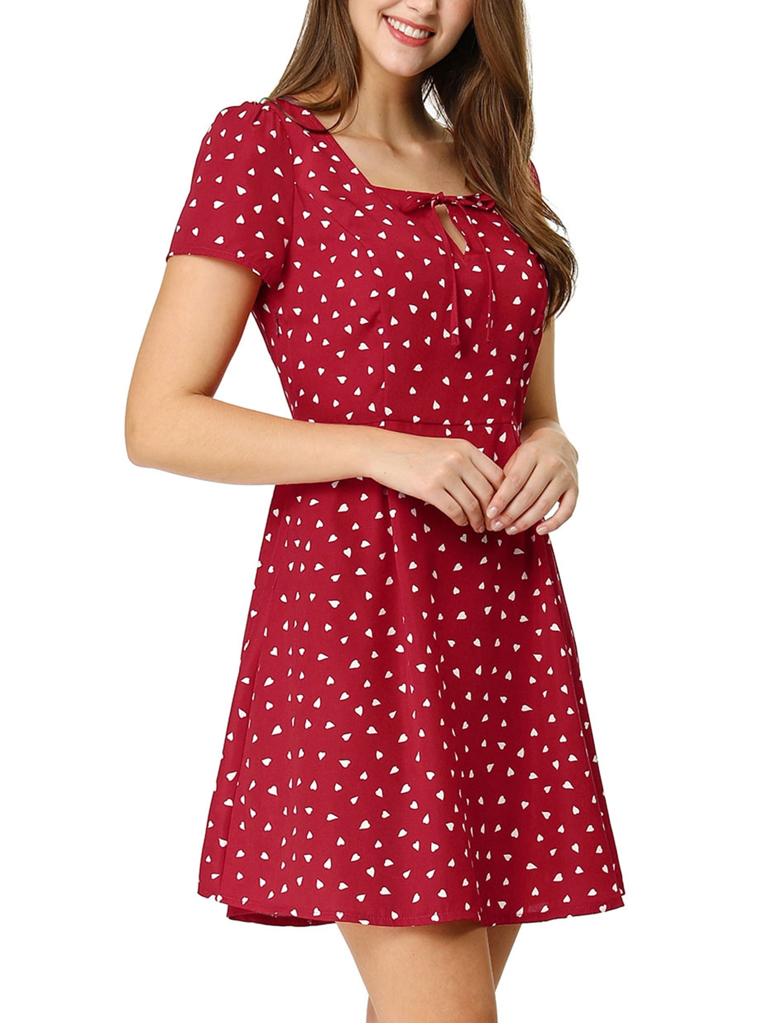 DARING DIVA Square Neck Short Sleeve Print A-Line Dress XS Red-Heart