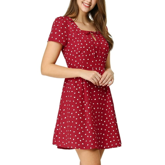 DARING DIVA Square Neck Short Sleeve Print A-Line Dress XS Red-Heart