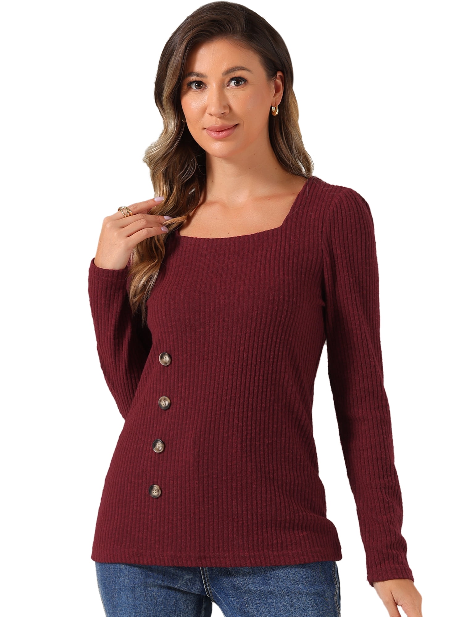 DARING DIVA Square Neck Sweaters Long Sleeve Top XL Burgundy