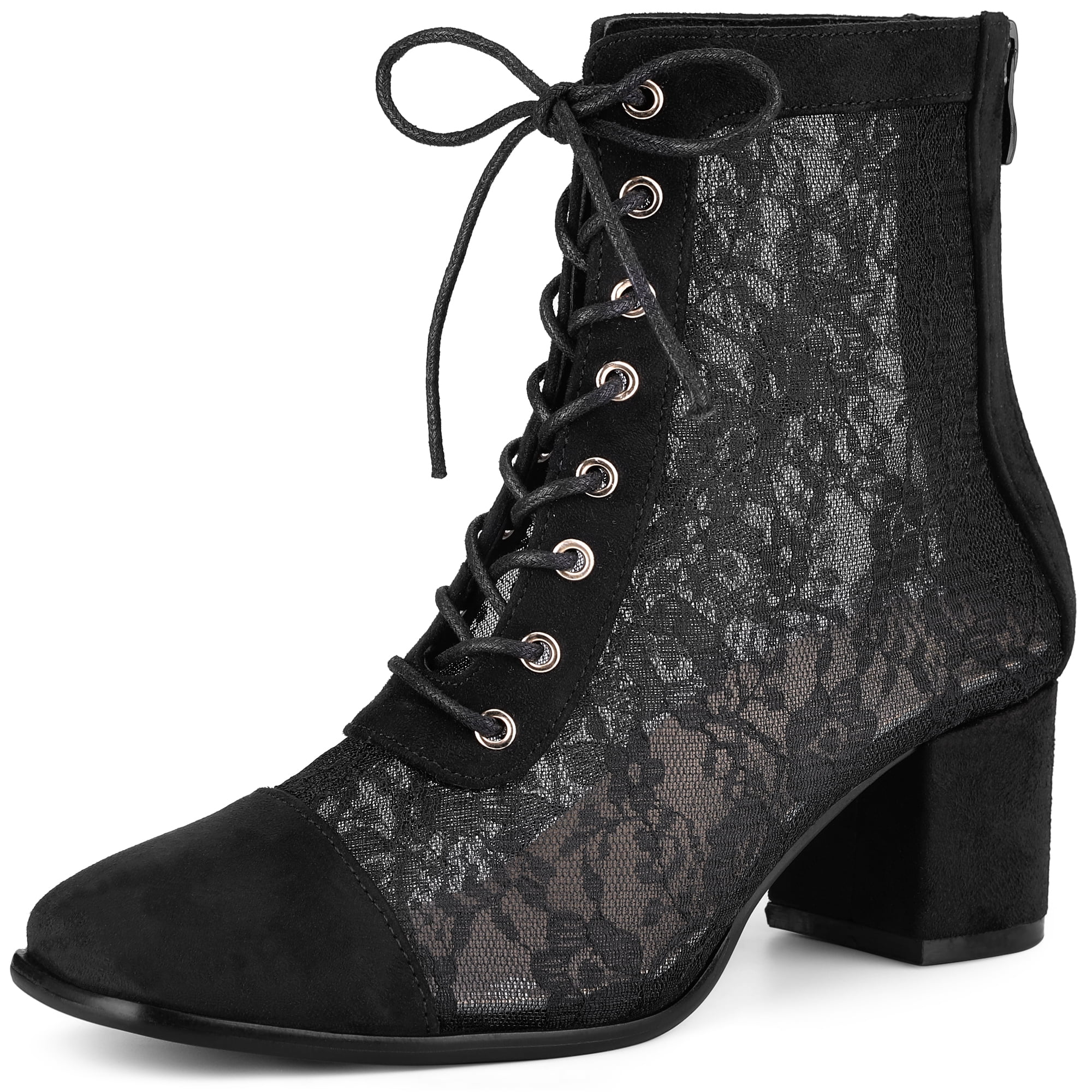 DARING DIVA Square Toe Flowers Lace Block Heels Ankle Boots Black 8