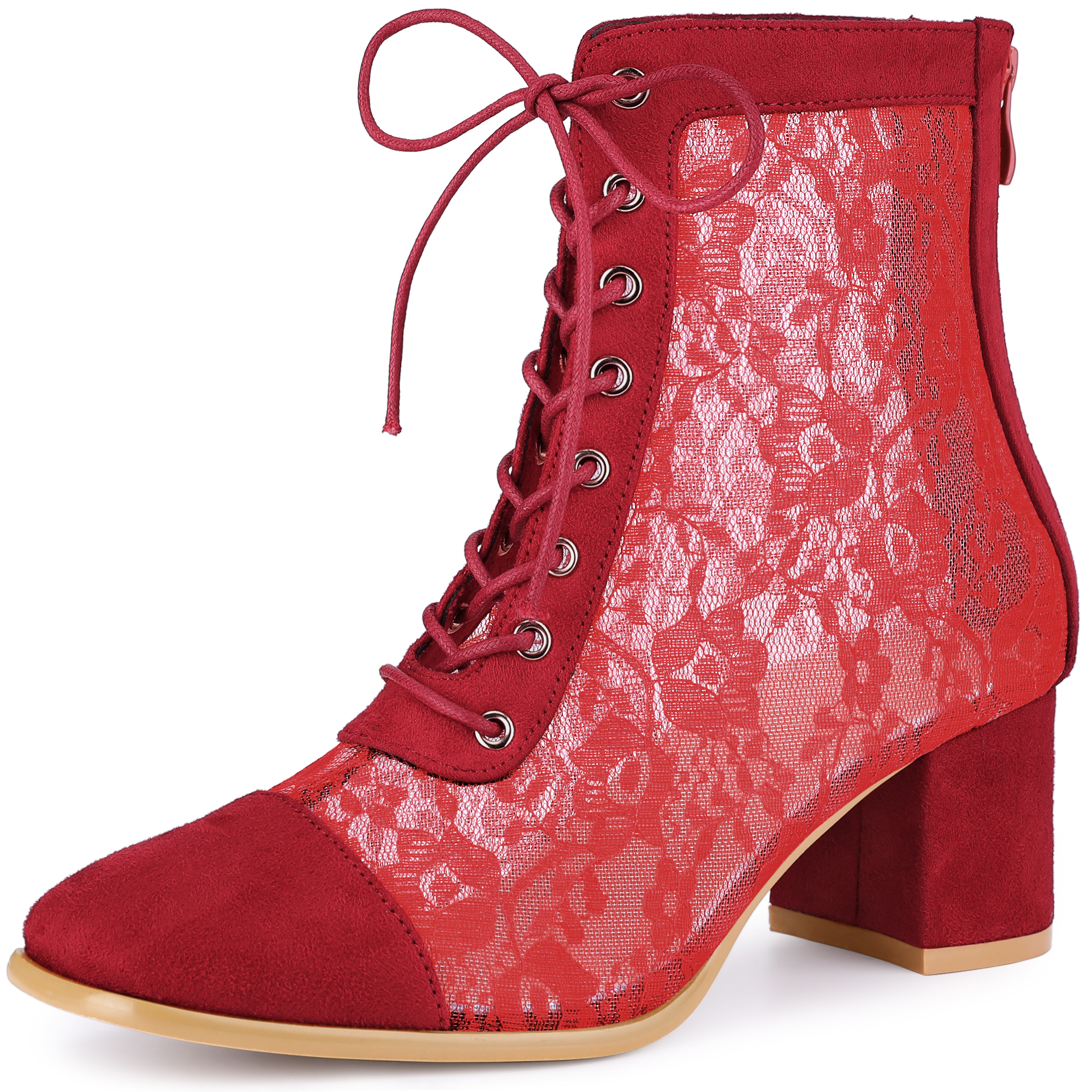 DARING DIVA Square Toe Flowers Lace Block Heels Ankle Boots Red 7