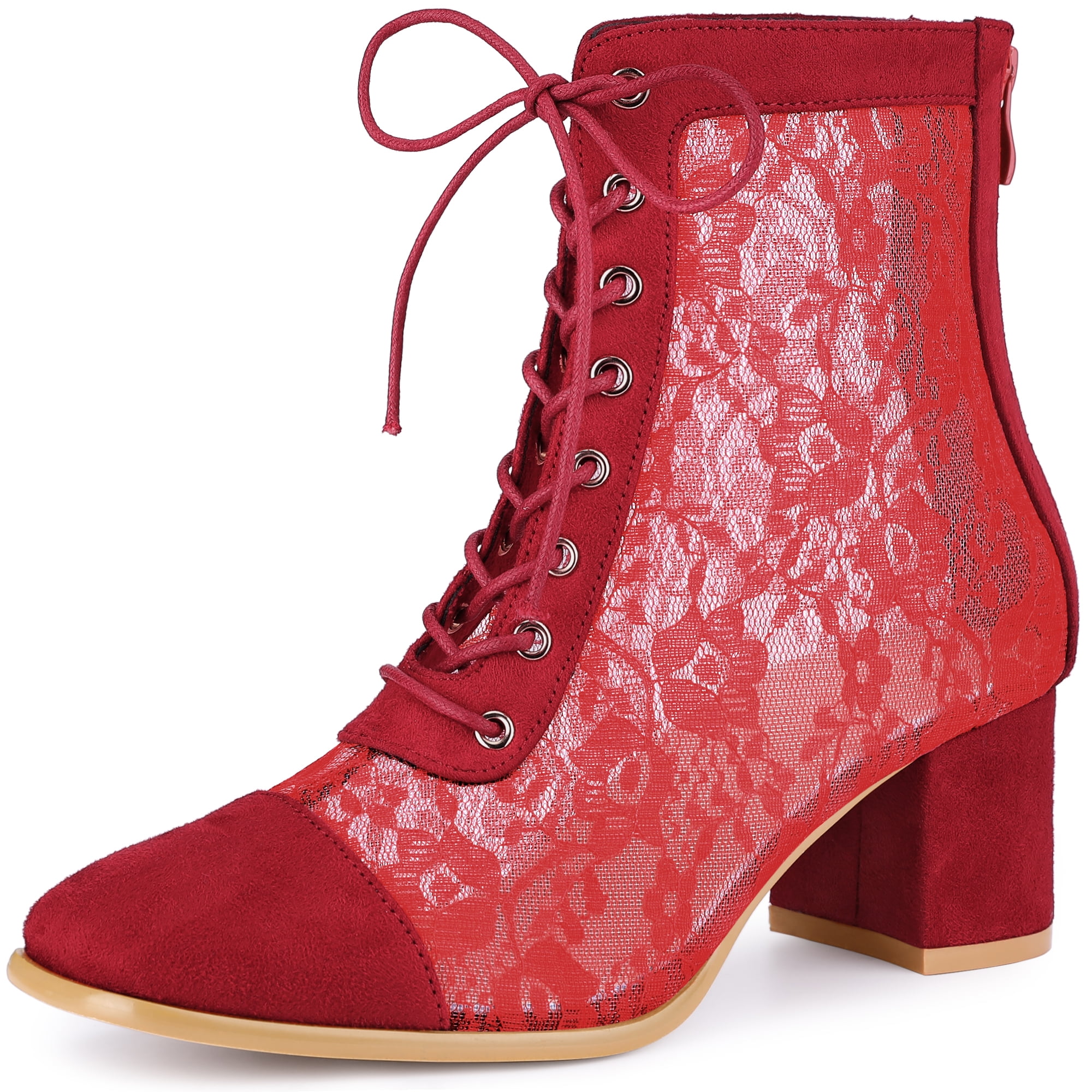 DARING DIVA Square Toe Flowers Lace Block Heels Ankle Boots Red 8