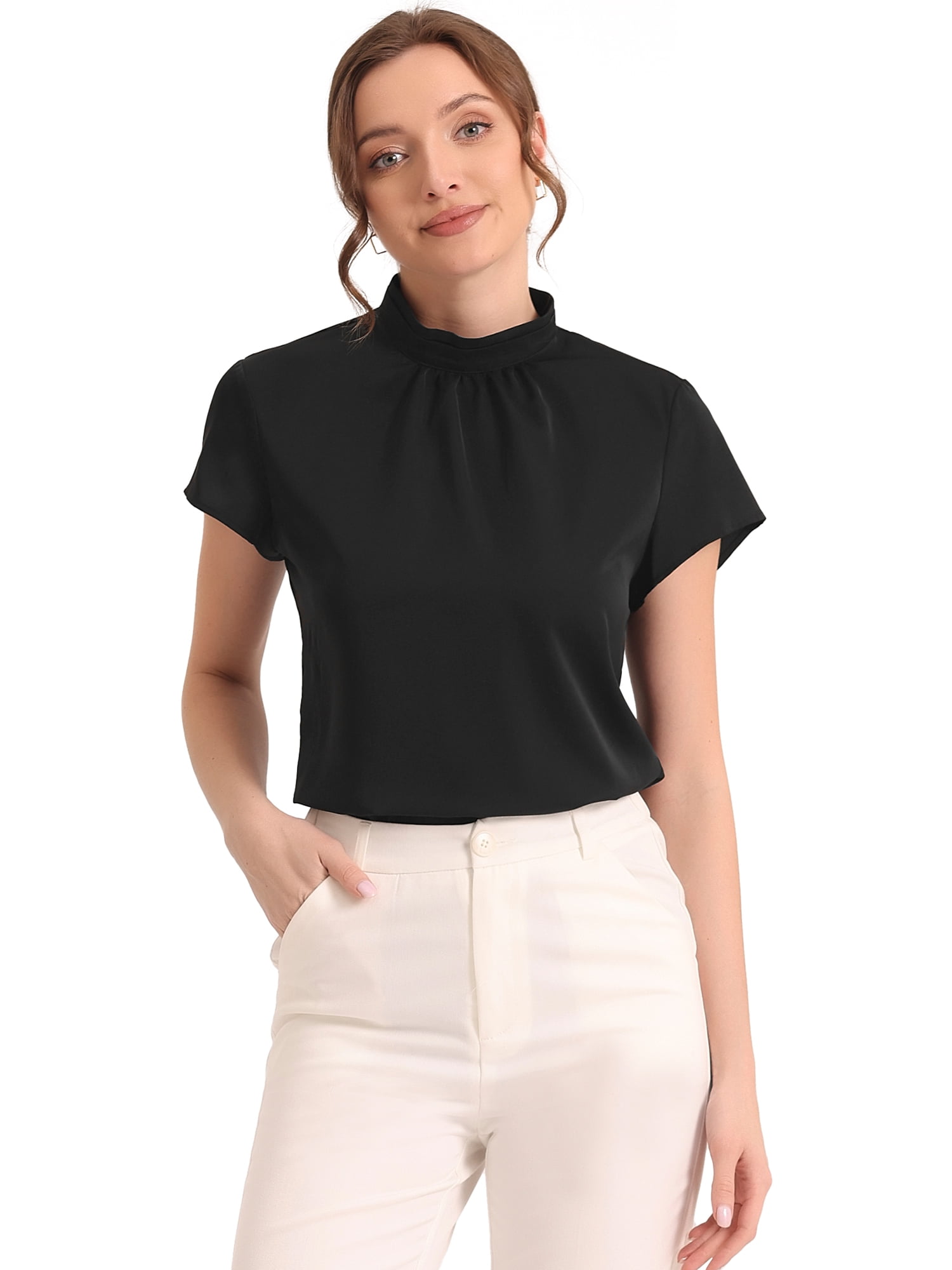 DARING DIVA Stand Collar Cap Sleeve Keyhole Back Blouse L Black