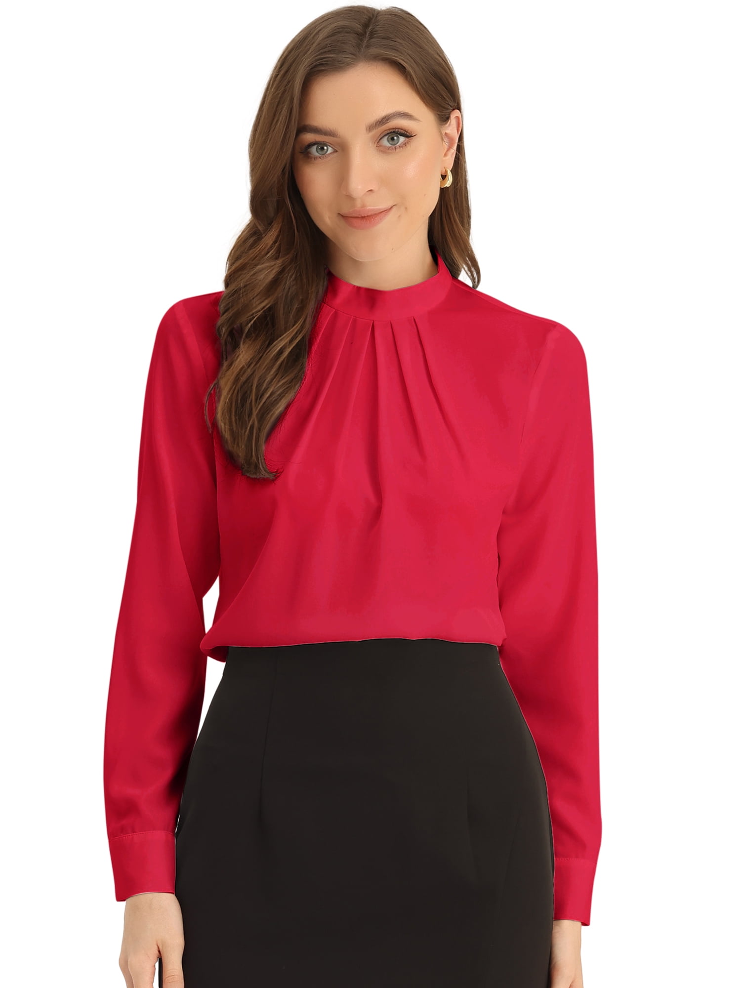 DARING DIVA Women's Tops Stand Collar Long Sleeve Business Shirt L Red