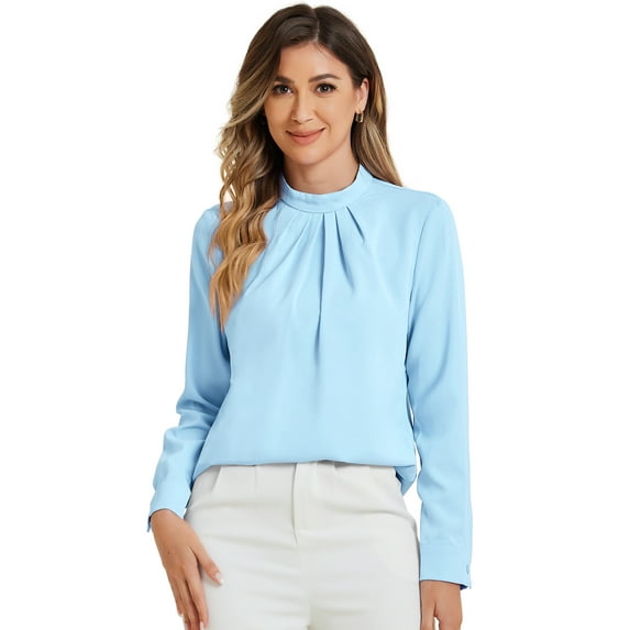 DARING DIVA Women's Tops Stand Collar Long Sleeve Business Shirt M Light Blue