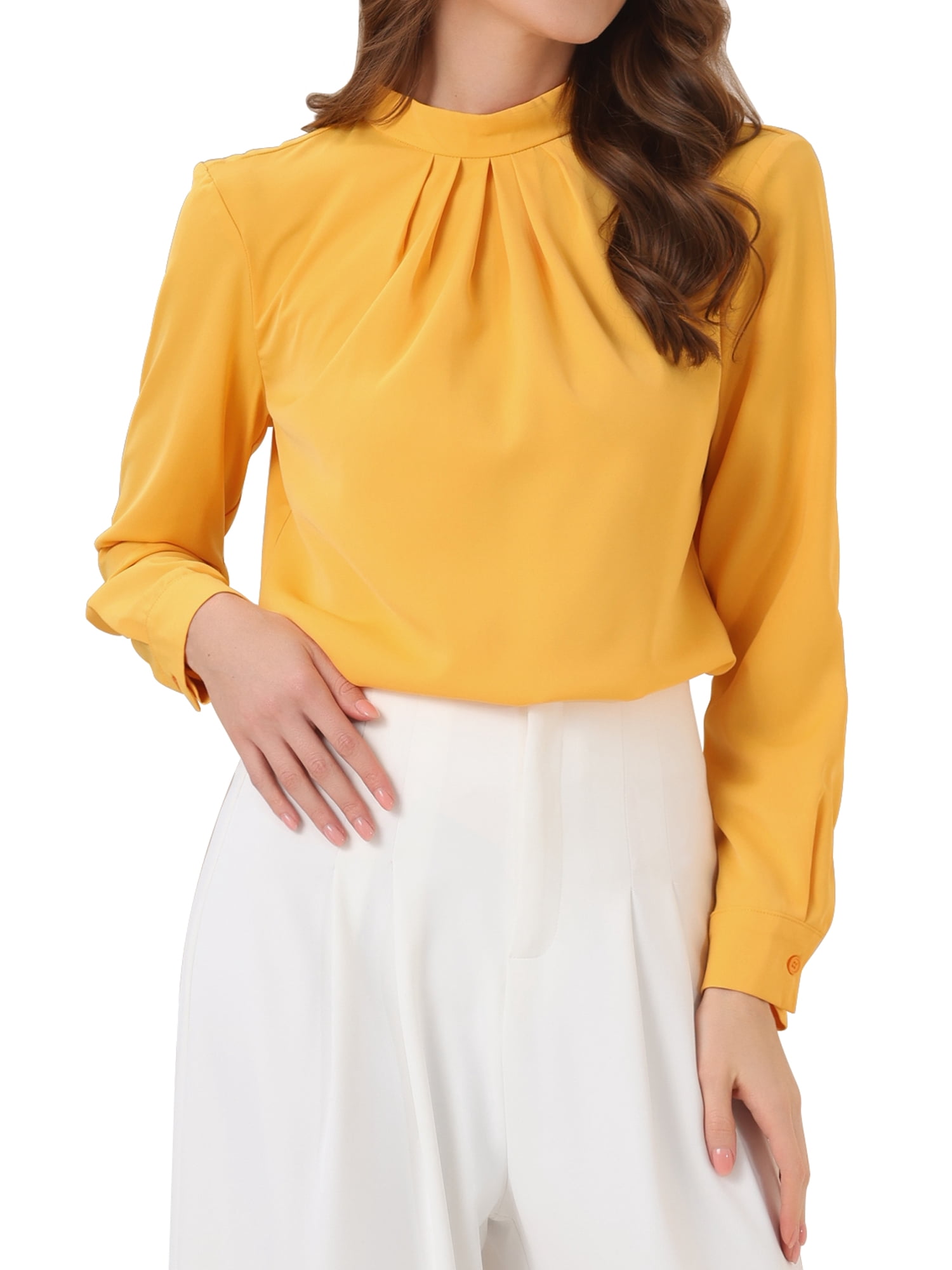 DARING DIVA Women's Tops Stand Collar Long Sleeve Business Shirt M Yellow