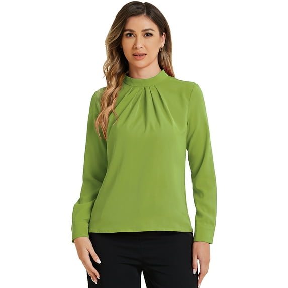 DARING DIVA Stand Collar Chiffon Long Sleeve Blouse S Green