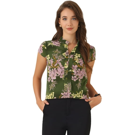 DARING DIVA Stand Collar Floral Silky Work Blouse Top Navy Blue XS M Green