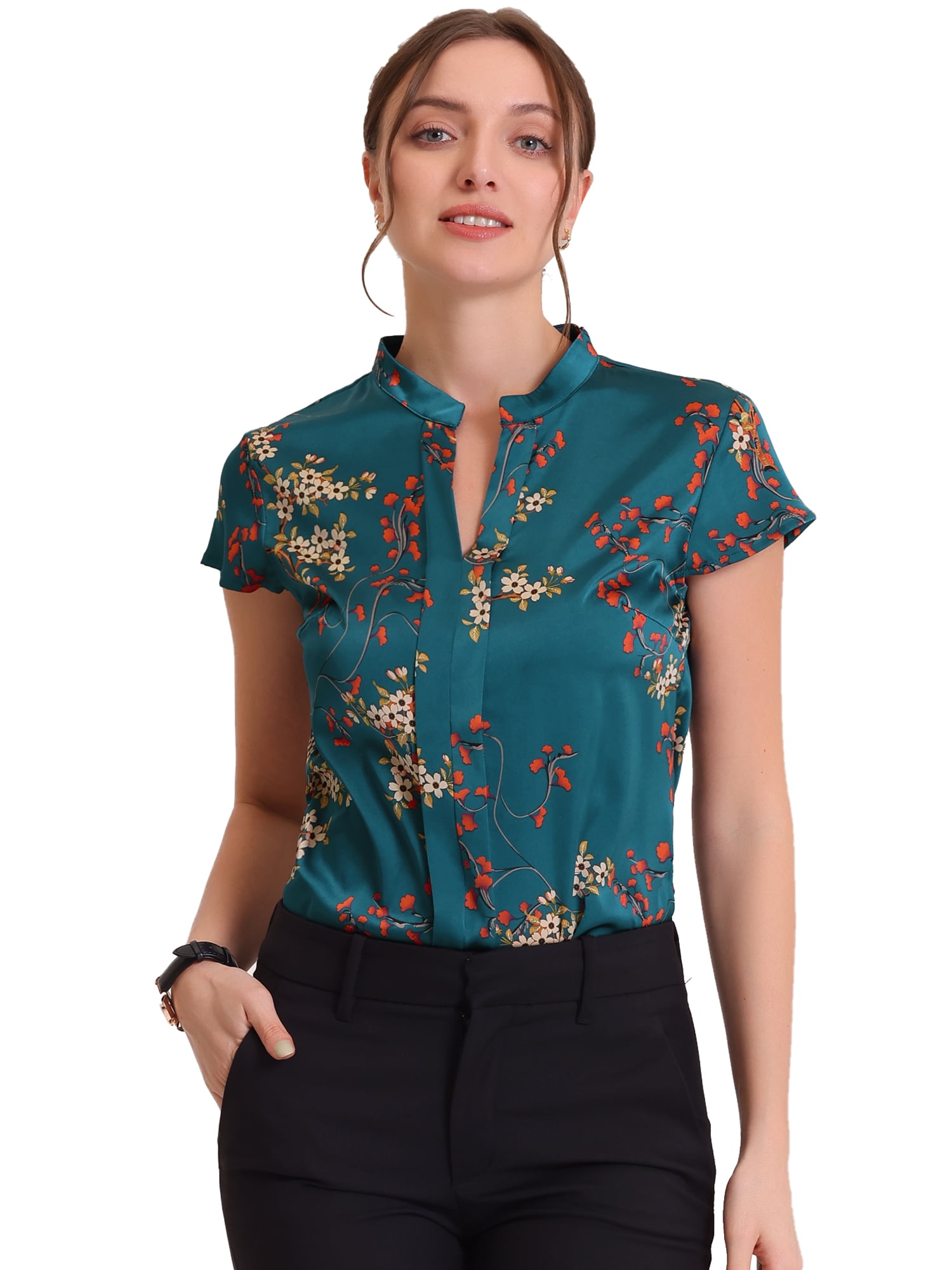 DARING DIVA Stand Collar Floral Silky Work Blouse Top Navy Blue XS M Navy Blue-Floral