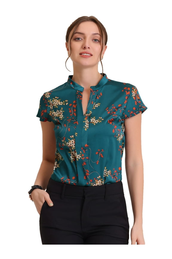 Stand Collar Floral Silky Work Blouse Top Navy Blue XS M Navy Blue-Floral