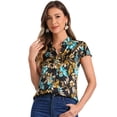 thumbnail image 1 of DARING DIVA Stand Collar Floral Silky Work Blouse Top Navy Blue XS XL Black, 1 of 6