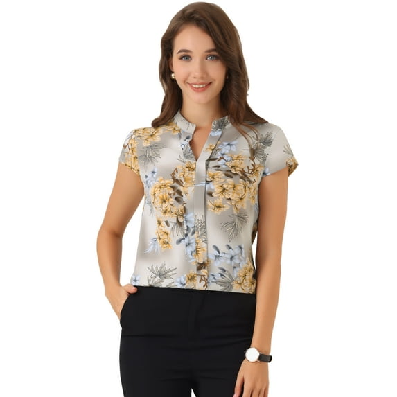 DARING DIVA Stand Collar Floral Silky Work Blouse Top Navy Blue XS XL Gray Apricot