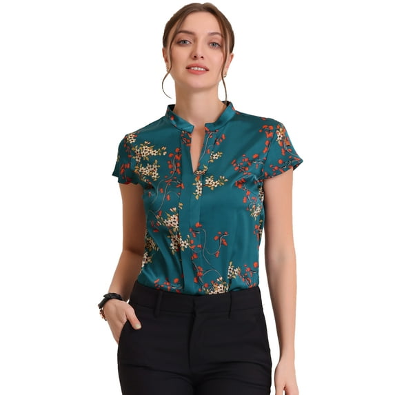 DARING DIVA Stand Collar Floral Silky Work Blouse Top Navy Blue XS XS Navy Blue