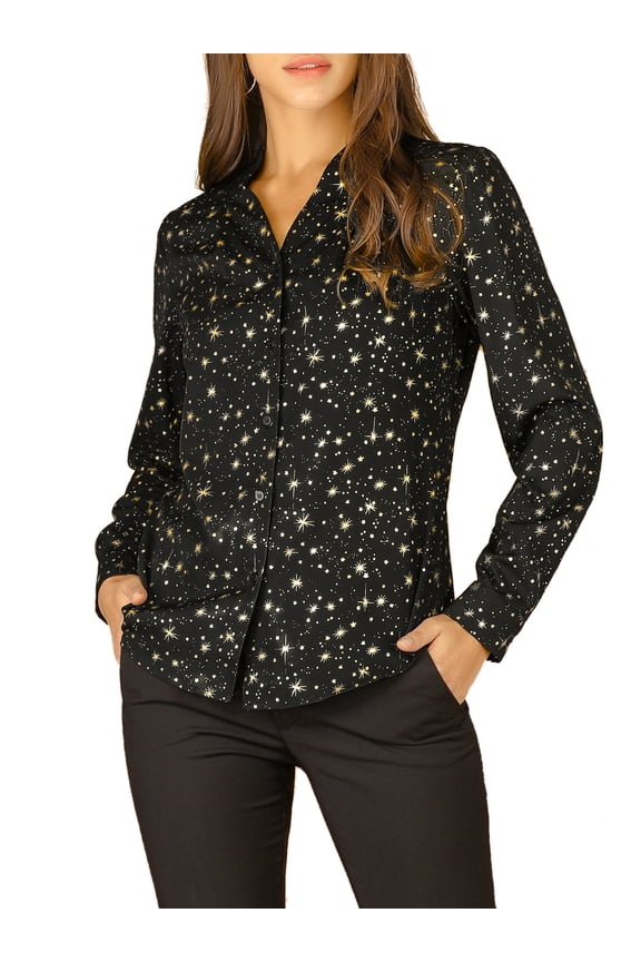 Stand Collar Metallic Dots Stars Blouse Top L Black