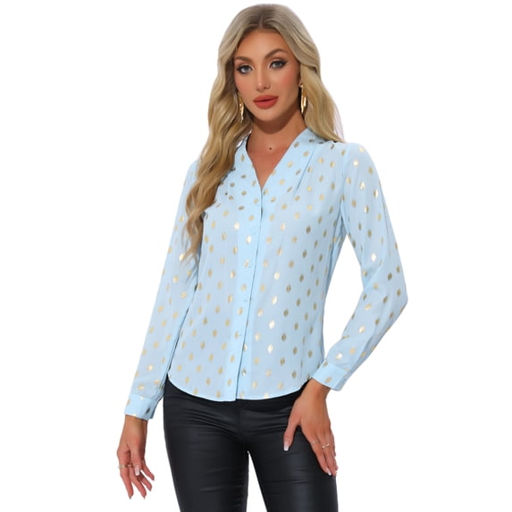 DARING DIVA Stand Collar Metallic Dots Stars Blouse Top M Sky Blue