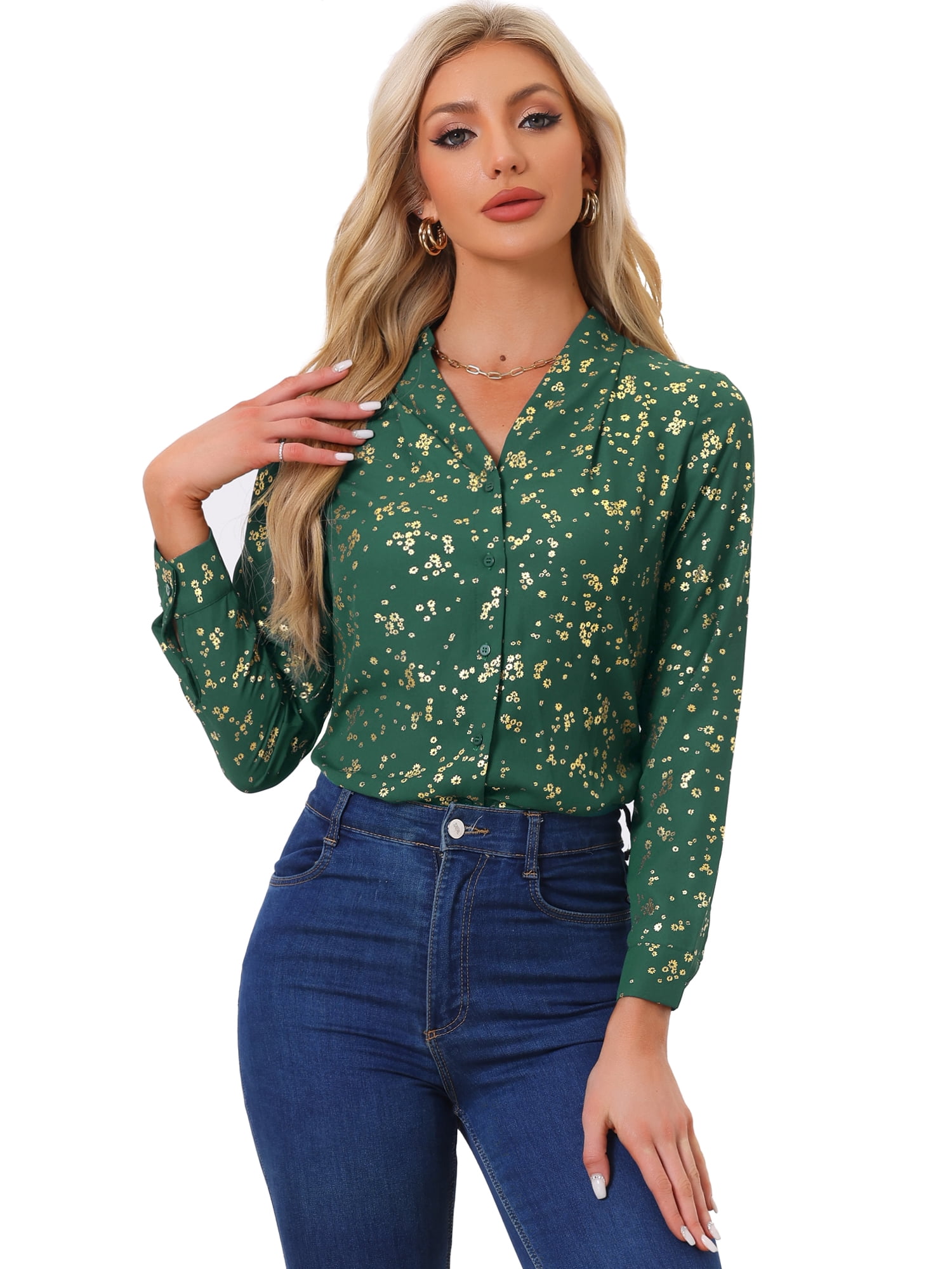 DARING DIVA Stand Collar Metallic Dots Stars Blouse Top S Green-Floral