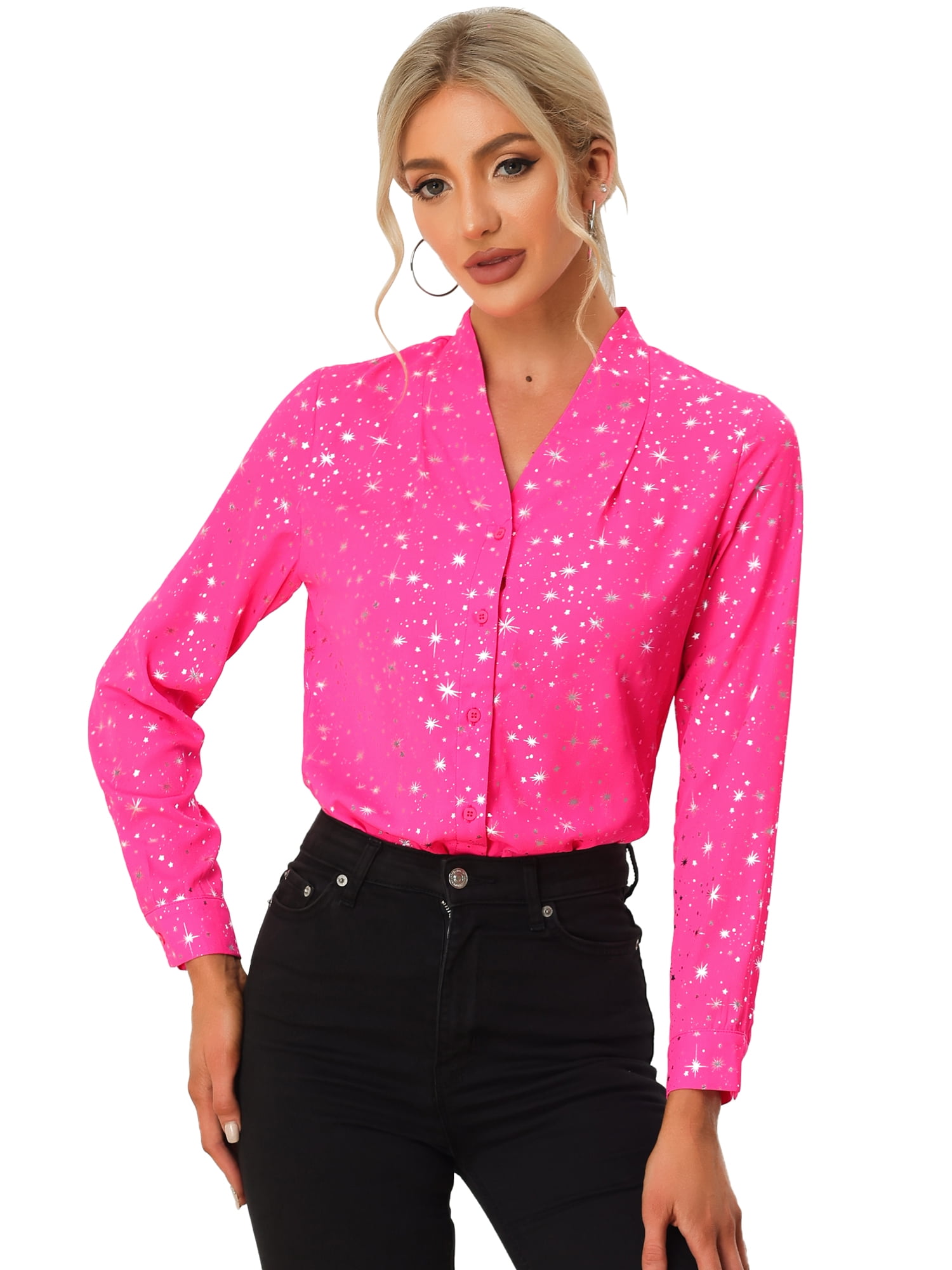 DARING DIVA Stand Collar Metallic Dots Stars Blouse Top S Pink