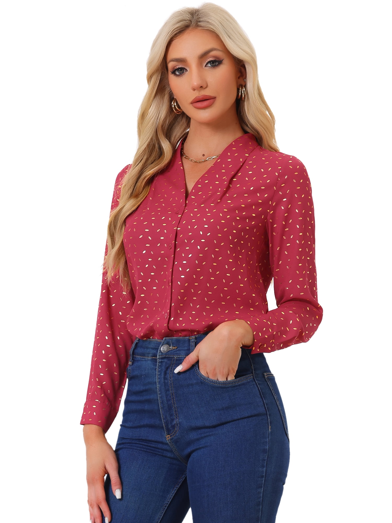 DARING DIVA Stand Collar Metallic Dots Stars Blouse Top S Red-Leaf