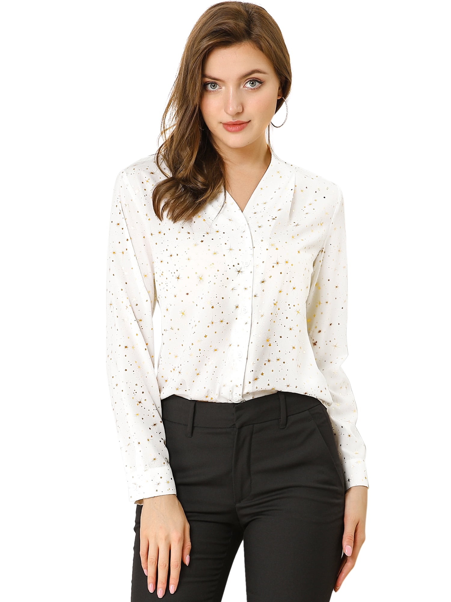 DARING DIVA Stand Collar Metallic Dots Stars Blouse Top S White