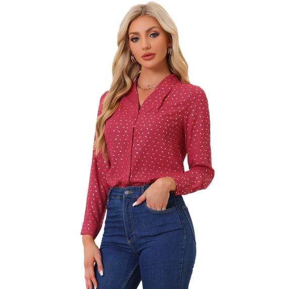 DARING DIVA Stand Collar Metallic Dots Stars Blouse Top XS Red-Leaf