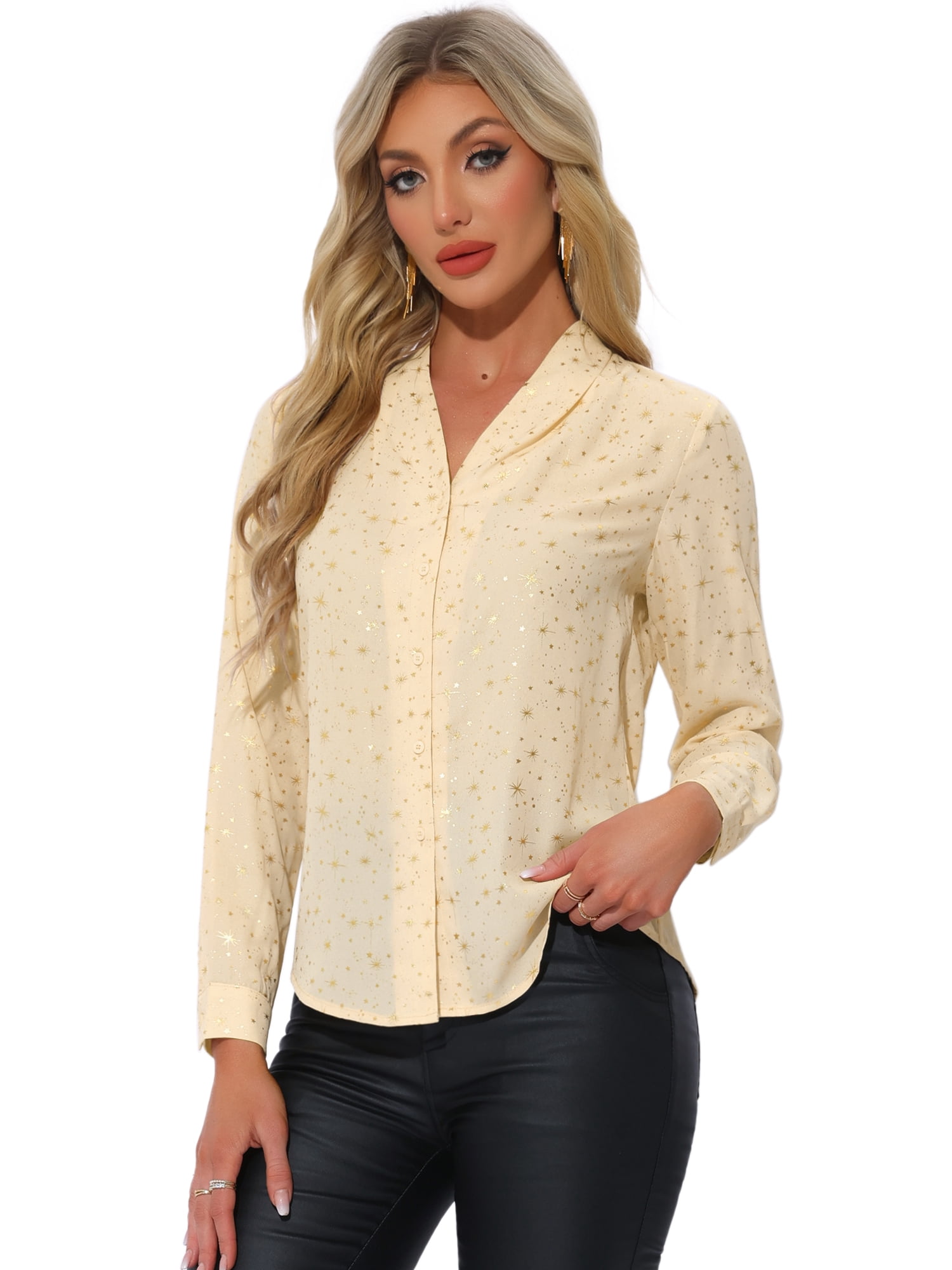 DARING DIVA Stand Collar Metallic Dots Stars Blouses Tops S Beige