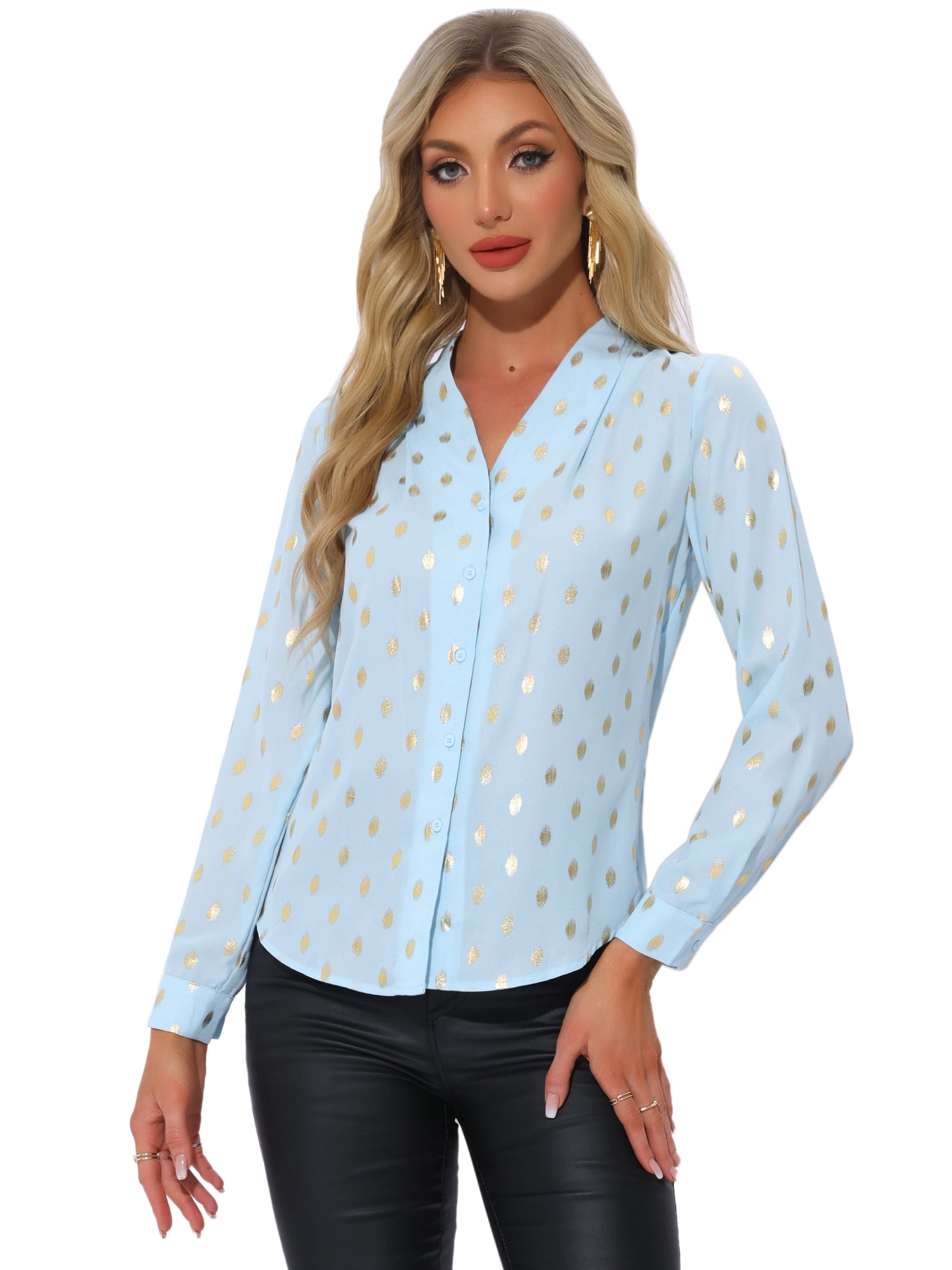 DARING DIVA Stand Collar Metallic Dots Stars Blouses Tops S Sky Blue