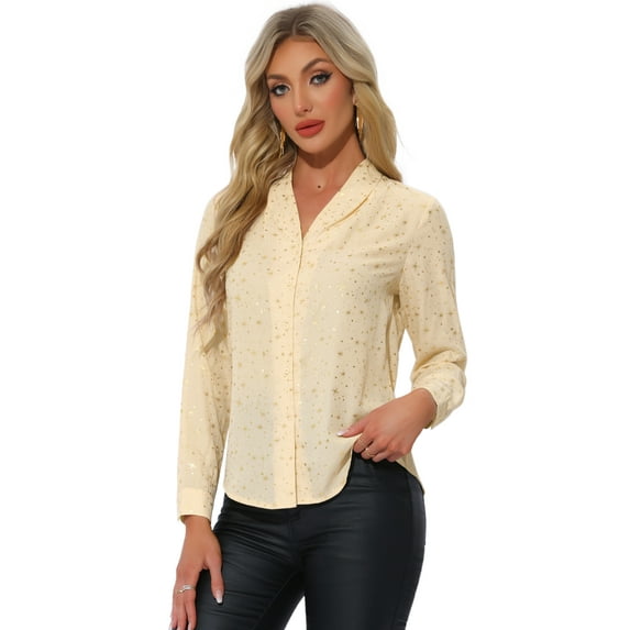 DARING DIVA Stand Collar Metallic Dots Stars Blouses Tops XL Beige