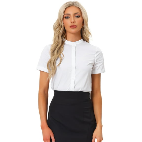 DARING DIVA Stand Collar Short Sleeve Office Work Shirt Bodysuits L White