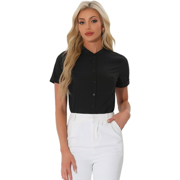 DARING DIVA Stand Collar Short Sleeve Office Work Shirt Bodysuits M Black