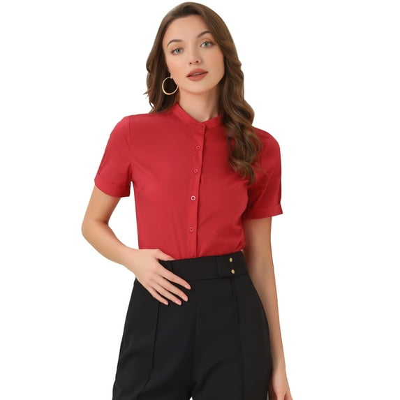 DARING DIVA Stand Collar Short Sleeve Office Work Shirt Bodysuits M Red