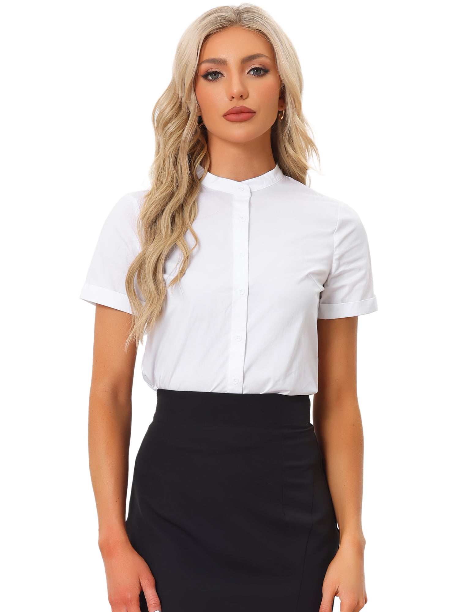 DARING DIVA Stand Collar Short Sleeve Office Work Shirt Bodysuits M White