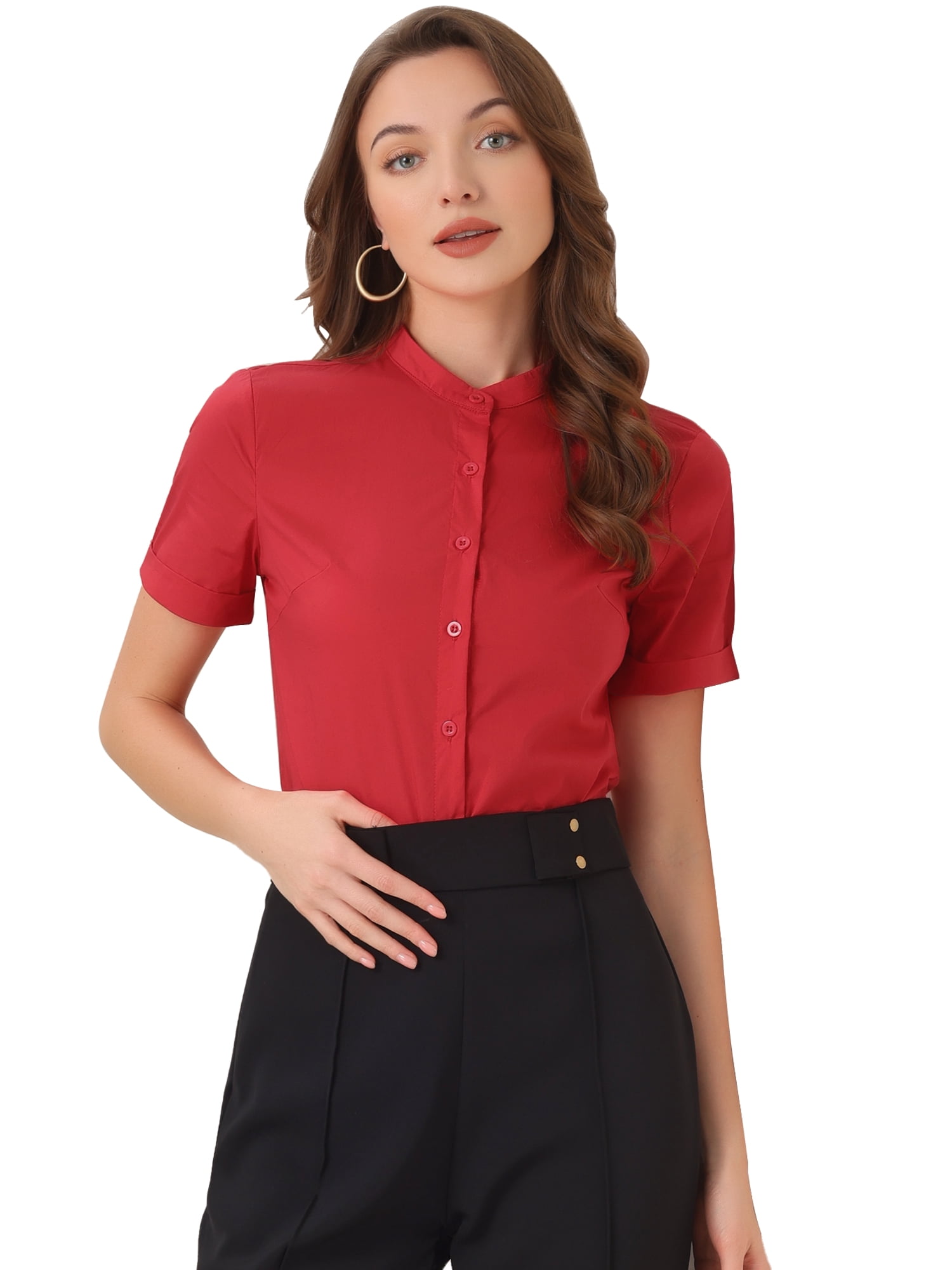 DARING DIVA Stand Collar Short Sleeve Office Work Shirt Bodysuits S Red