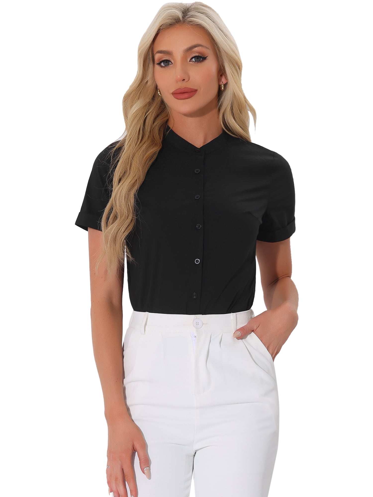 DARING DIVA Stand Collar Short Sleeve Office Work Shirt Bodysuits XS Black