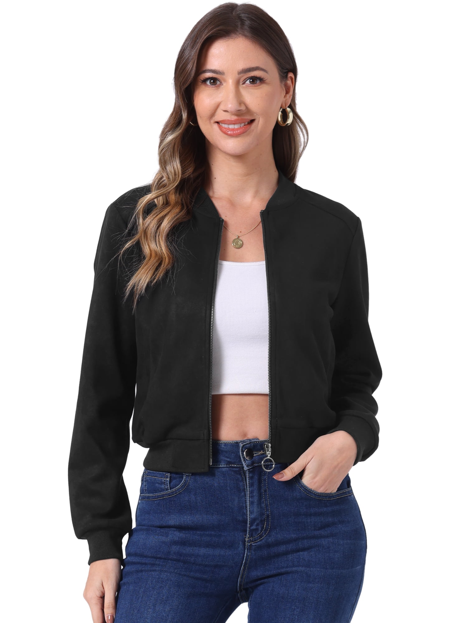 DARING DIVA Stand Collar Zip Up Biker Moto Bomber Jackets L Black