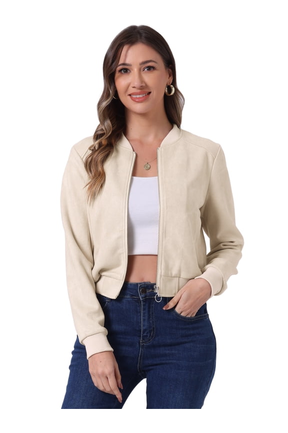 Stand Collar Zip Up Biker Moto Bomber Jackets XS Beige